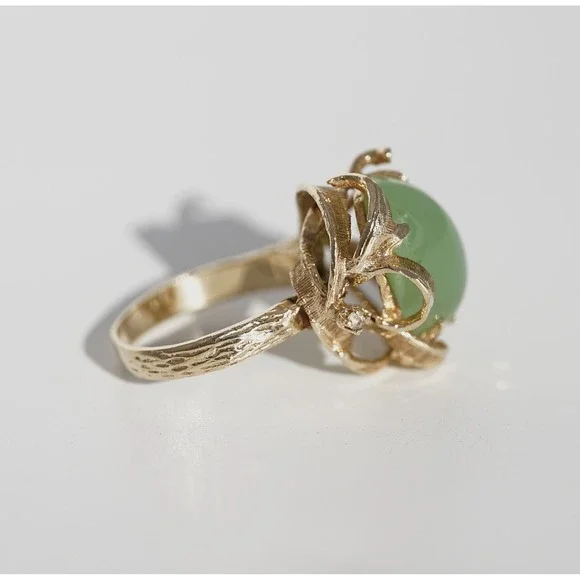 Vintage 10k Solid Gold Natural Untreated Apple Green Jadeite Jade Diamond Ring - Picture 8 of 14